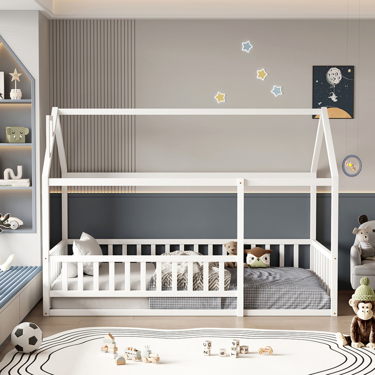 BED FOR KIDS WITH RAILINGS HOUSER HM706.03 t.MONTESSORI SOLID PINE WOOD IN WHITE- 190x90cm.