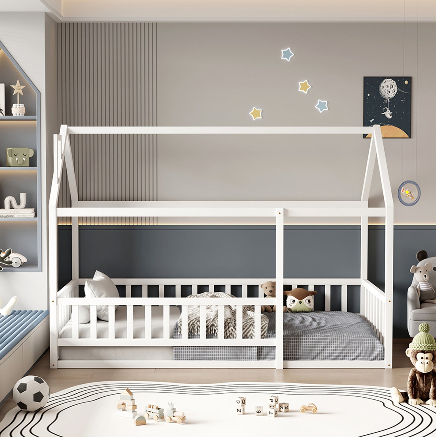 BED FOR KIDS WITH RAILINGS HOUSER HM706.03 t.MONTESSORI SOLID PINE WOOD IN WHITE- 190x90cm.