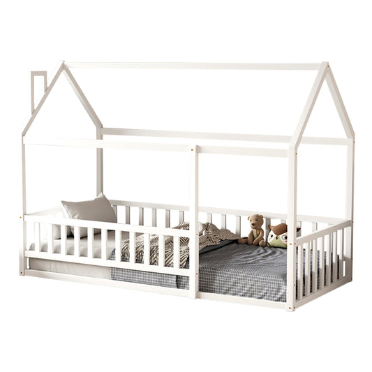 BED FOR KIDS WITH RAILINGS HOUSER HM706.03 t.MONTESSORI SOLID PINE WOOD IN WHITE- 190x90cm.
