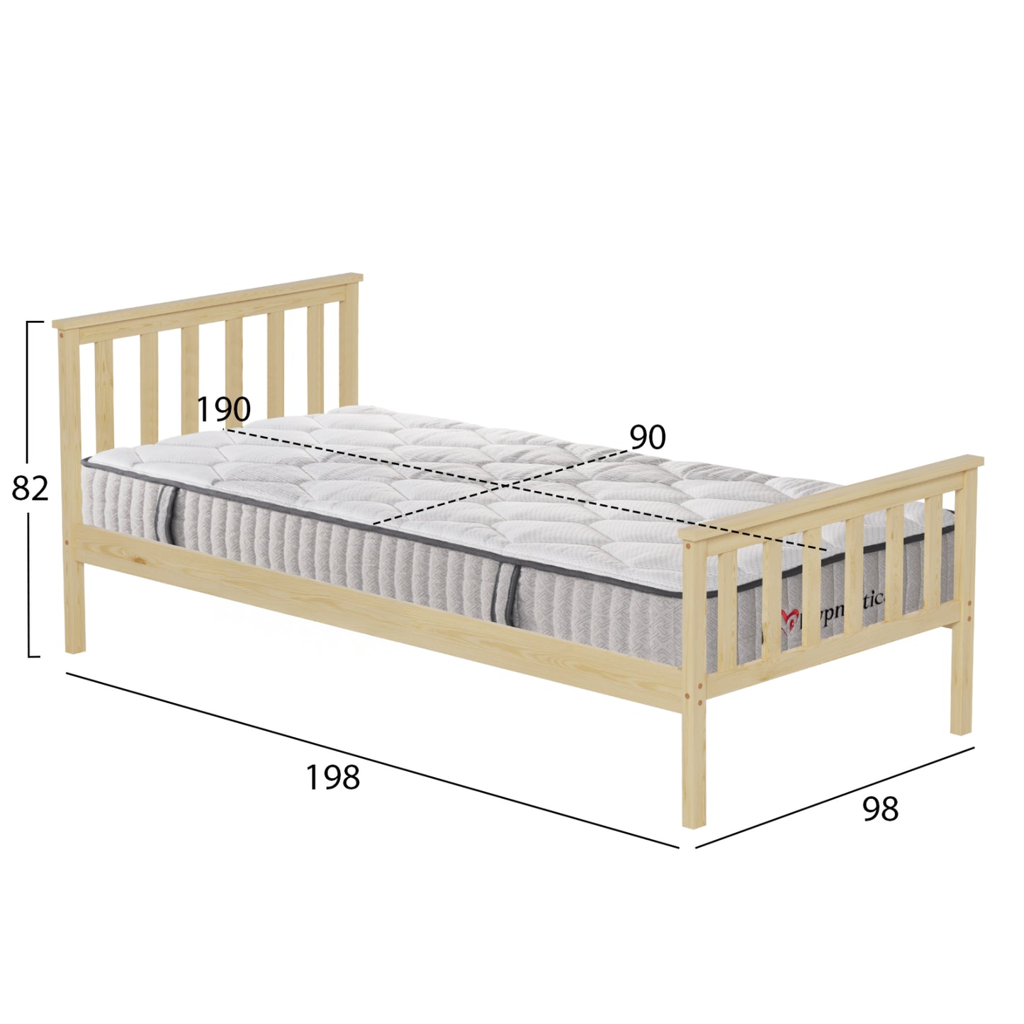 BED WITH MATTRESS GIMLY HM10751.01 PINE WOOD IN NATURAL COLOR FOR MATTRESS 90x190cm