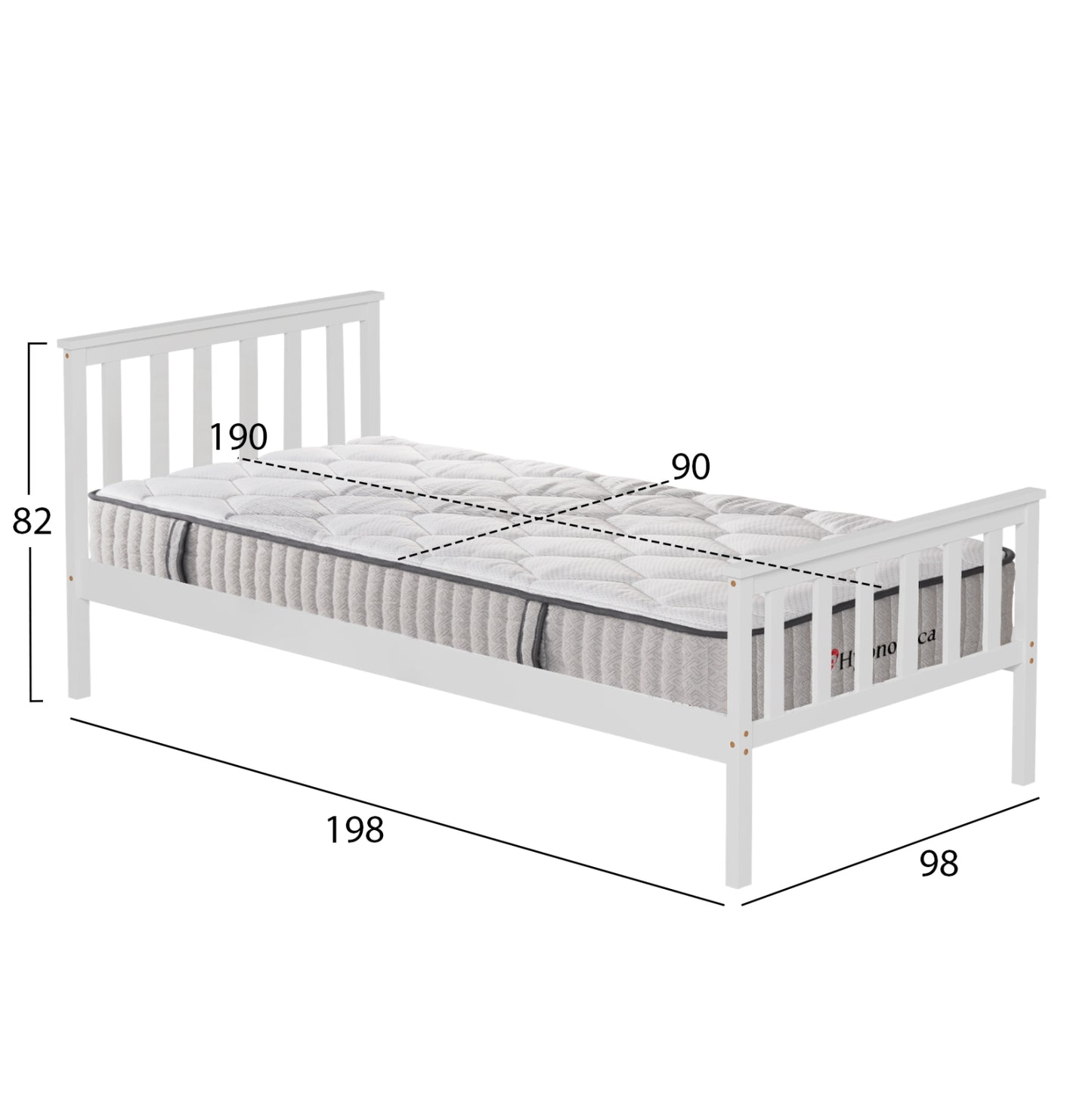 BED WITH MATTRESS GIMLY HM10751.02 PINE WOOD IN WHITE COLOR FOR MATTRESS 90x190cm