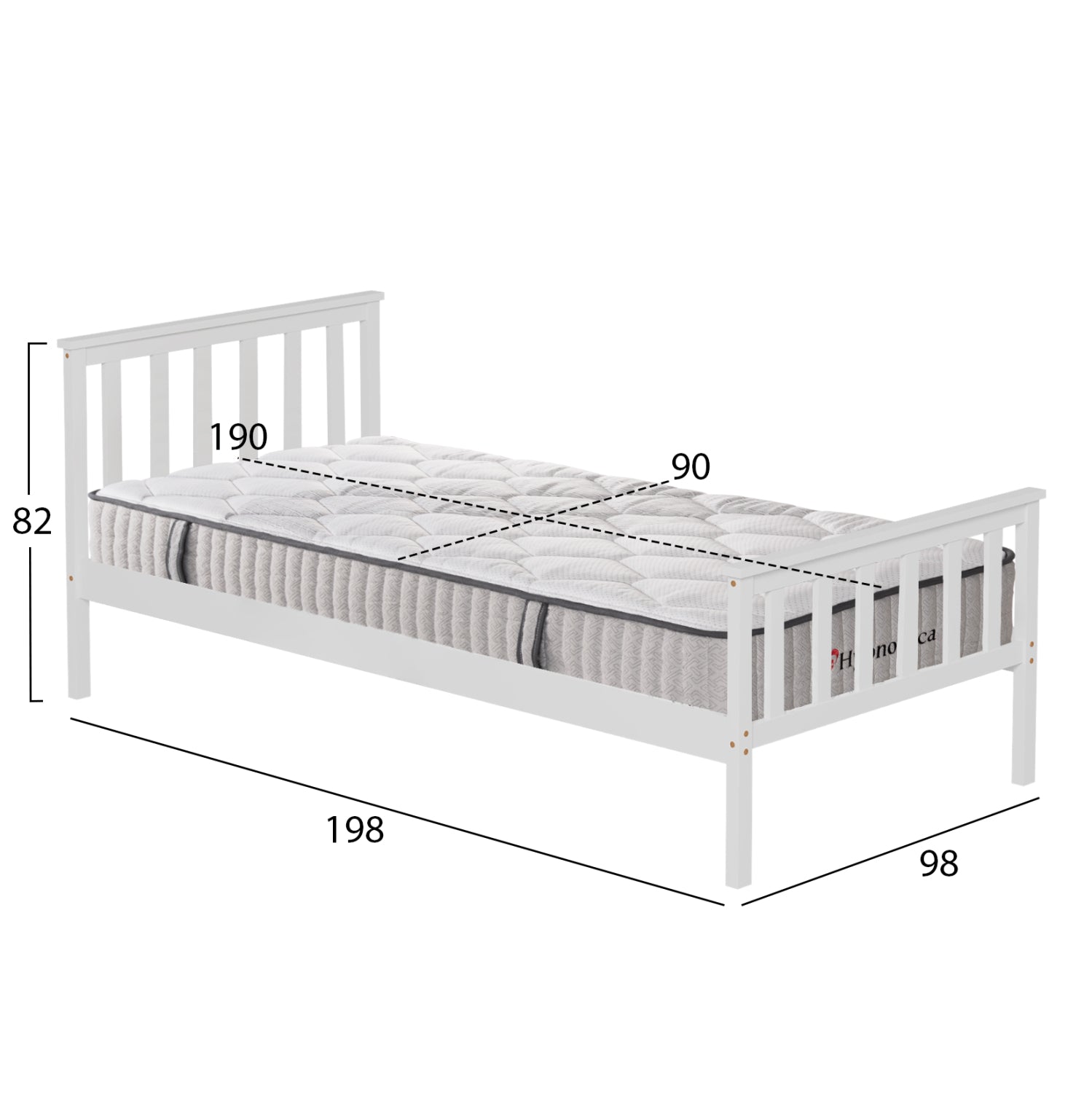 BED WITH MATTRESS GIMLY HM10751.02 PINE WOOD IN WHITE COLOR FOR MATTRESS 90x190cm