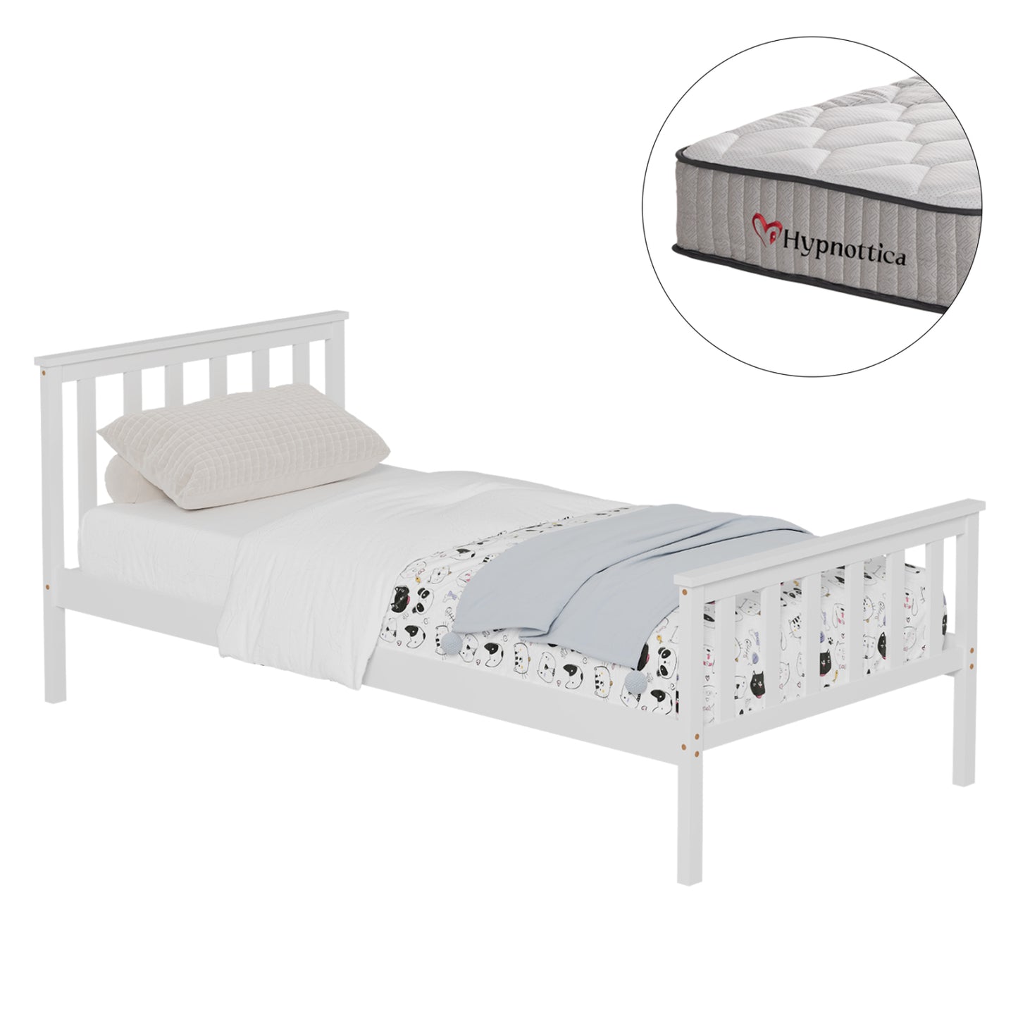 BED WITH MATTRESS GIMLY HM10751.02 PINE WOOD IN WHITE COLOR FOR MATTRESS 90x190cm