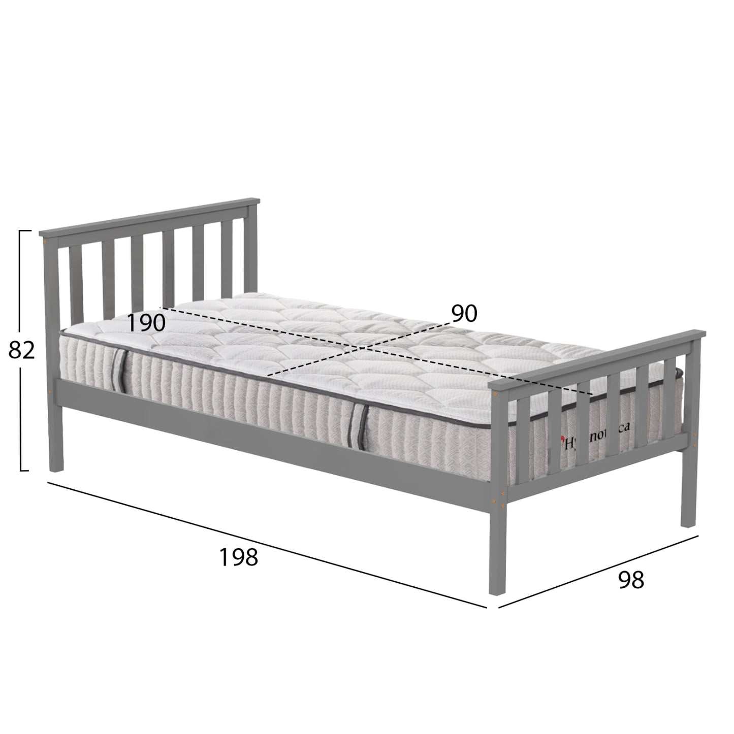 BED WITH MATTRESS GIMLY HM10751.03 PINE WOOD IN GREY COLOR FOR MATTRESS 90x190cm