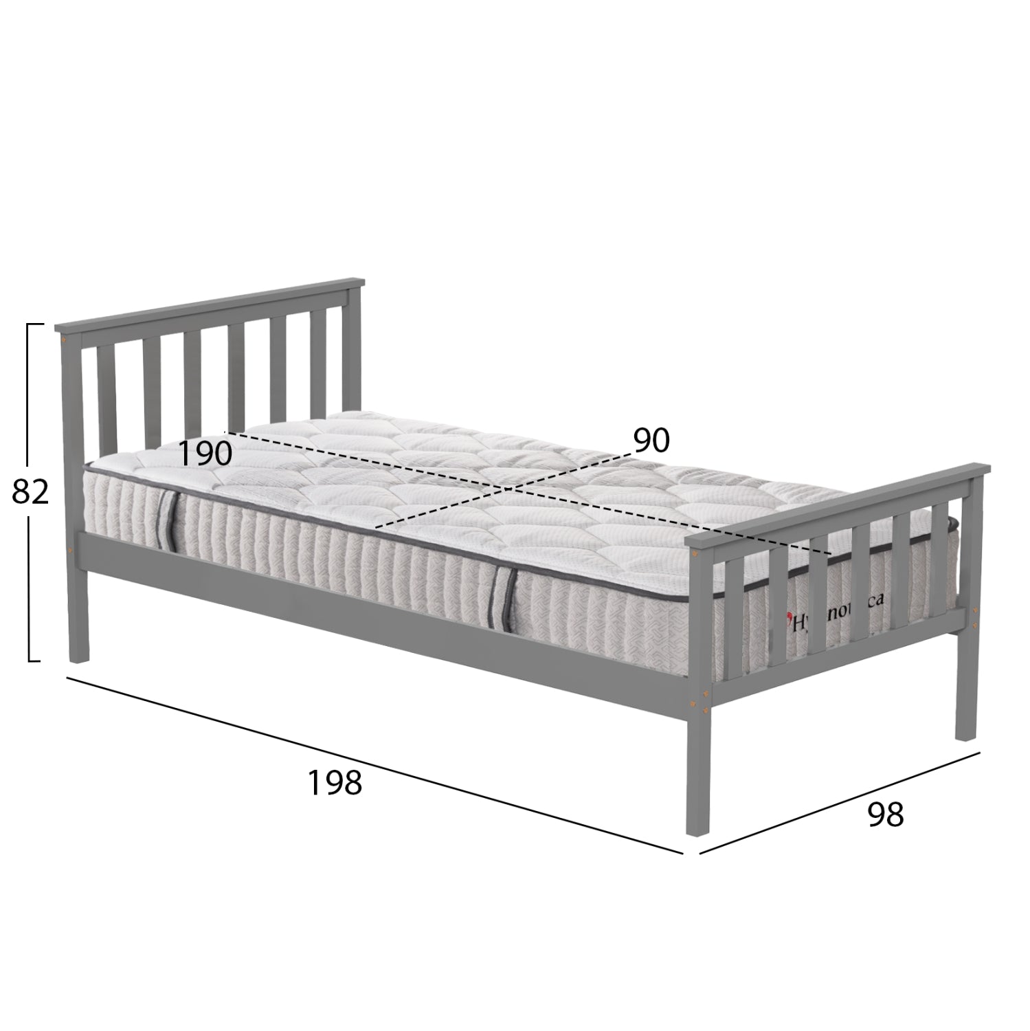 BED WITH MATTRESS GIMLY HM10751.03 PINE WOOD IN GREY COLOR FOR MATTRESS 90x190cm