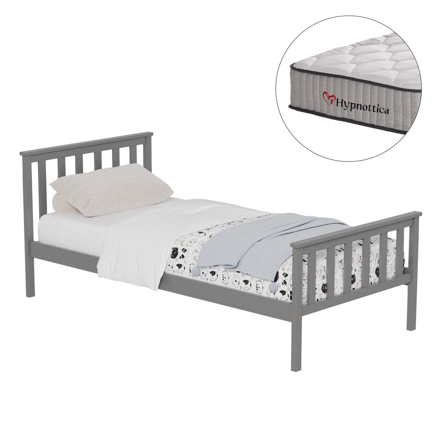 BED WITH MATTRESS GIMLY HM10751.03 PINE WOOD IN GREY COLOR FOR MATTRESS 90x190cm