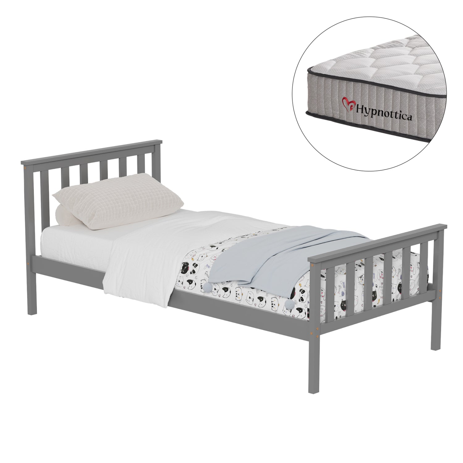 BED WITH MATTRESS GIMLY HM10751.03 PINE WOOD IN GREY COLOR FOR MATTRESS 90x190cm