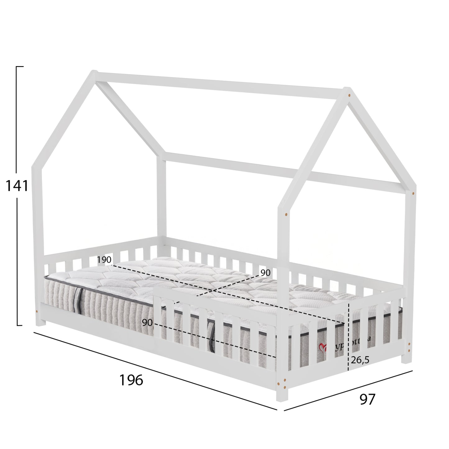 BED WITH MATTRESS PHYLLIS HM10753.02 PINE WOOD IN WHITE--MATTRESS 90x190cm