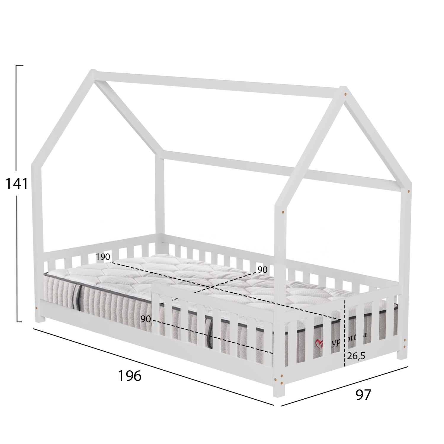 BED WITH MATTRESS PHYLLIS HM10753.02 PINE WOOD IN WHITE--MATTRESS 90x190cm