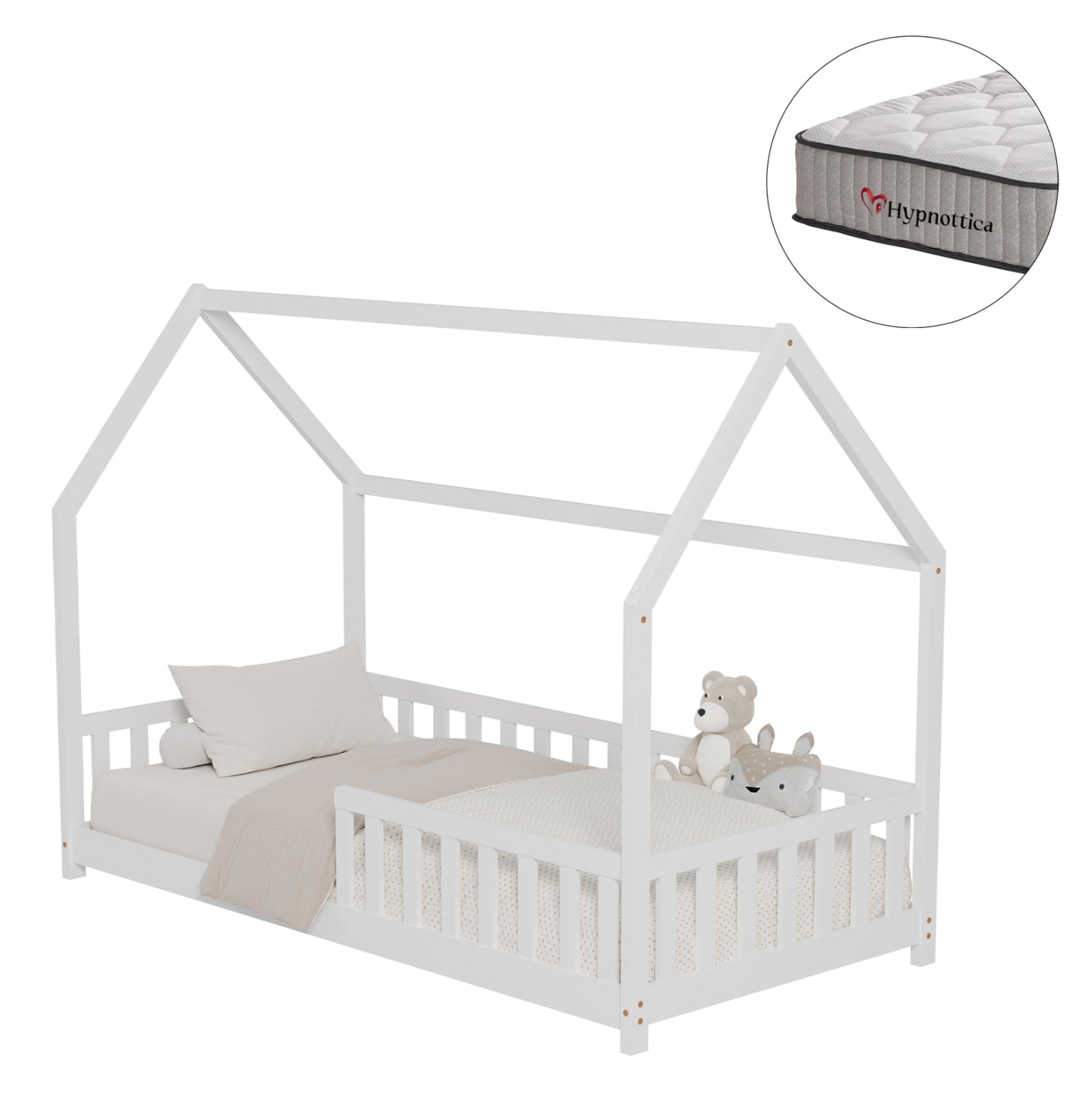 BED WITH MATTRESS PHYLLIS HM10753.02 PINE WOOD IN WHITE--MATTRESS 90x190cm