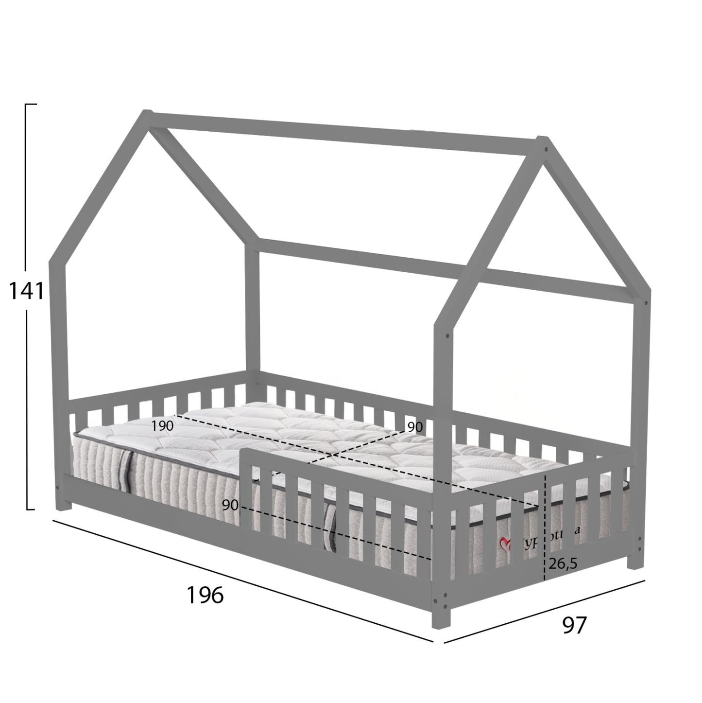 BED WITH MATTRESS PHYLLIS HM10753.03 PINE WOOD IN GREY--MATTRESS 90x190cm