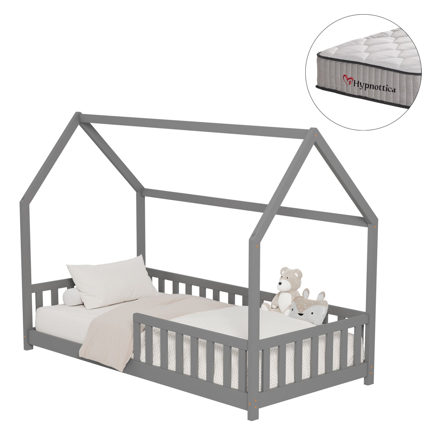 BED WITH MATTRESS PHYLLIS HM10753.03 PINE WOOD IN GREY--MATTRESS 90x190cm