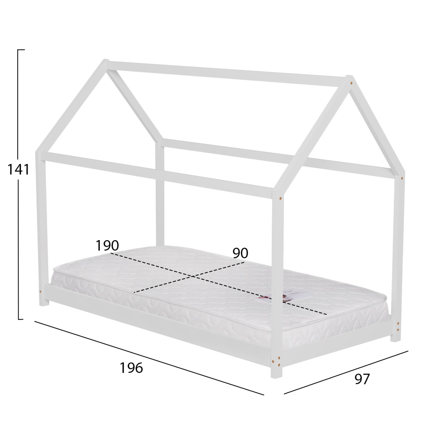 BED WITH MATTRESS PEPE HM21302.01 PINE WOOD IN WHITE COLOR--MATTRESS 90x190cm