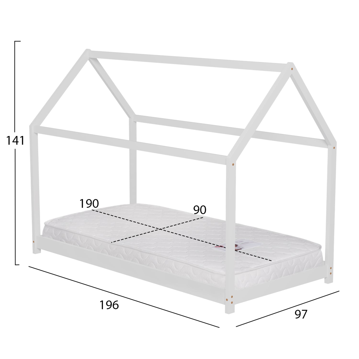 BED WITH MATTRESS PEPE HM21302.01 PINE WOOD IN WHITE COLOR--MATTRESS 90x190cm