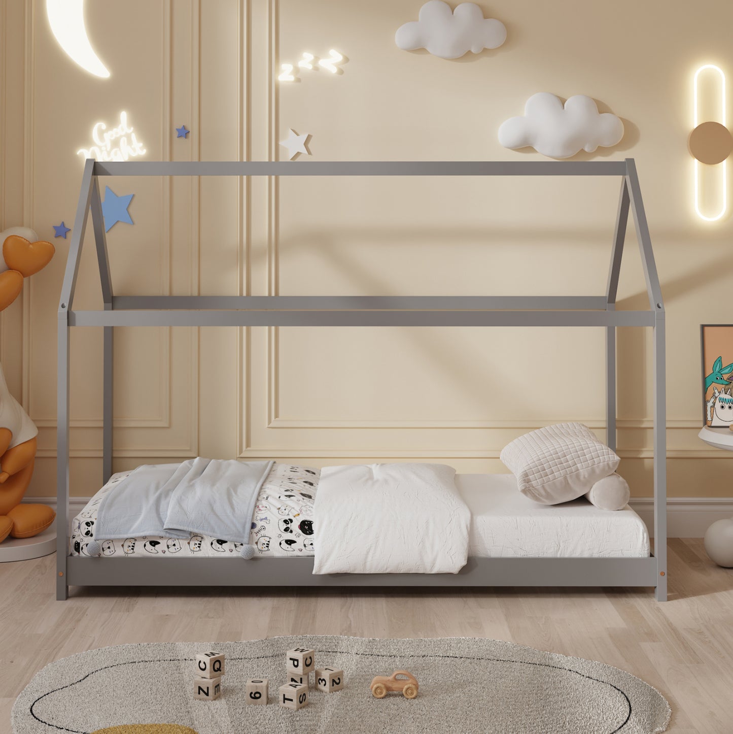 BED WITH MATTRESS PEPE HM21302.02 PINE WOOD IN GREY COLOR--MATTRESS 90x190cm