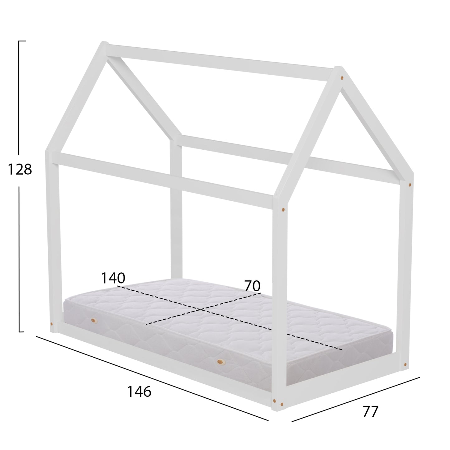 BED WITH MATTRESS PEPE HM21303.01 PINE WOOD IN WHITE COLOR--MATTRESS 70x140cm