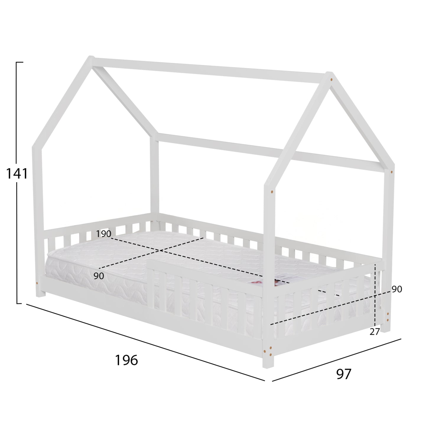 BED WITH MATTRESS PHYLLIS HM21304.01 PINE WOOD IN WHITE COLOR--MATTRESS 90x190cm
