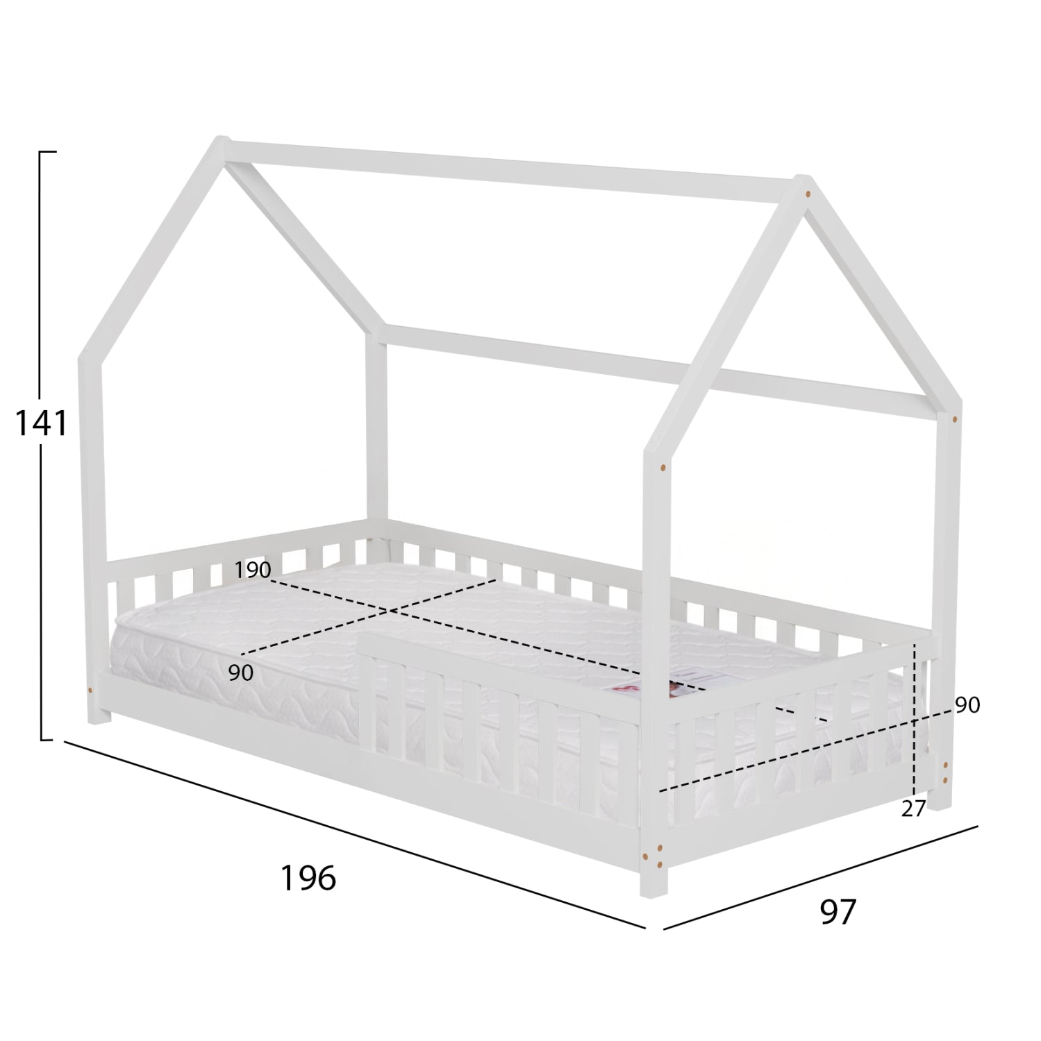 BED WITH MATTRESS PHYLLIS HM21304.01 PINE WOOD IN WHITE COLOR--MATTRESS 90x190cm