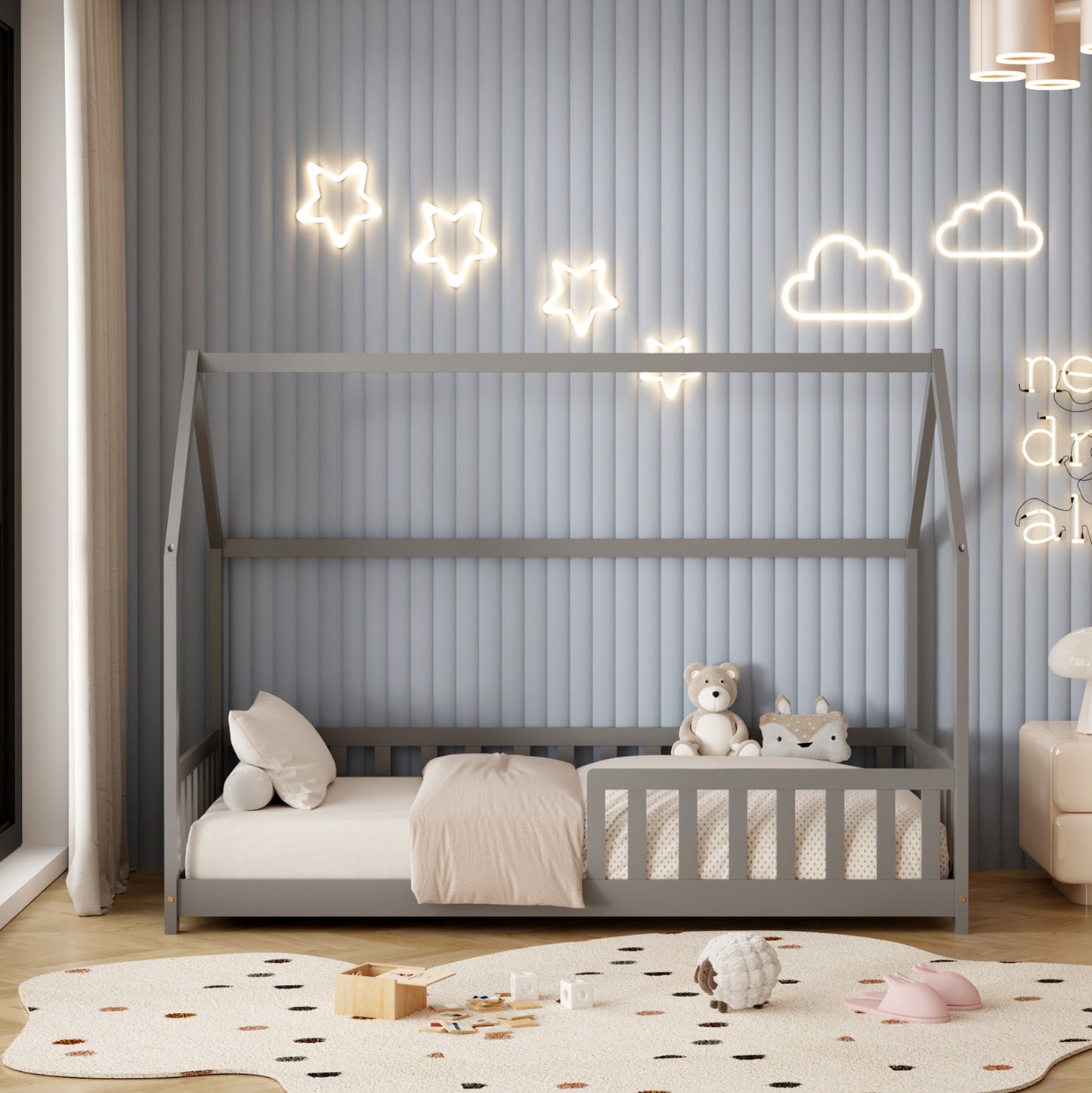 BED WITH MATTRESS PHYLLIS HM21304.02 PINE WOOD IN GREY COLOR--MATTRESS 90x190cm