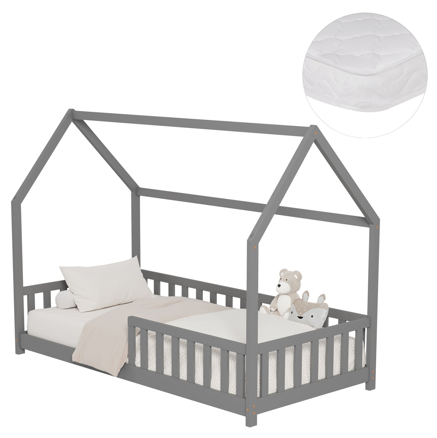 BED WITH MATTRESS PHYLLIS HM21304.02 PINE WOOD IN GREY COLOR--MATTRESS 90x190cm
