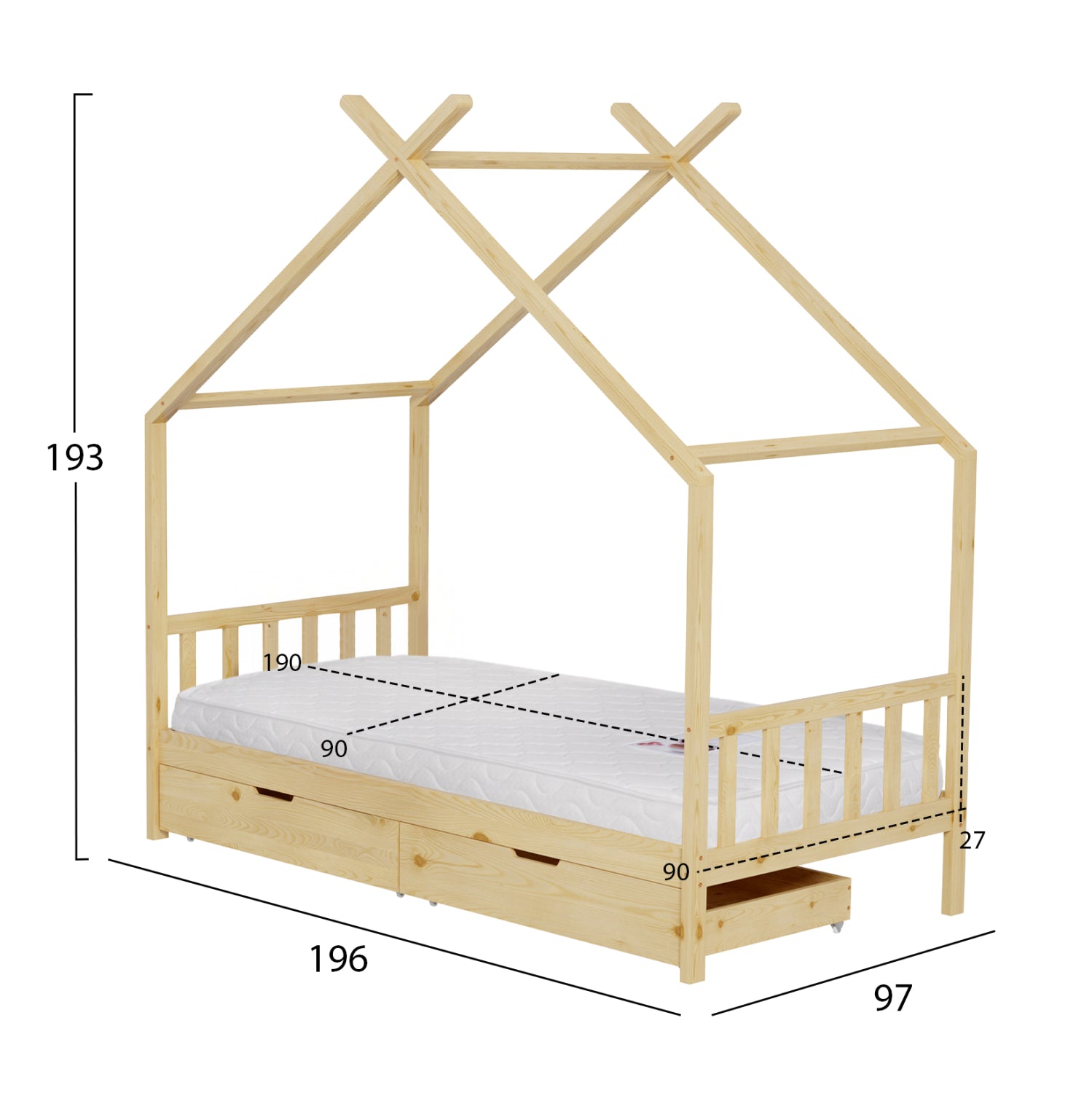 BED WITH MATTRESS KLARICE HM21305 PINE WOOD IN NATURAL WOOD COLOR--MATTRESS 90x190cm