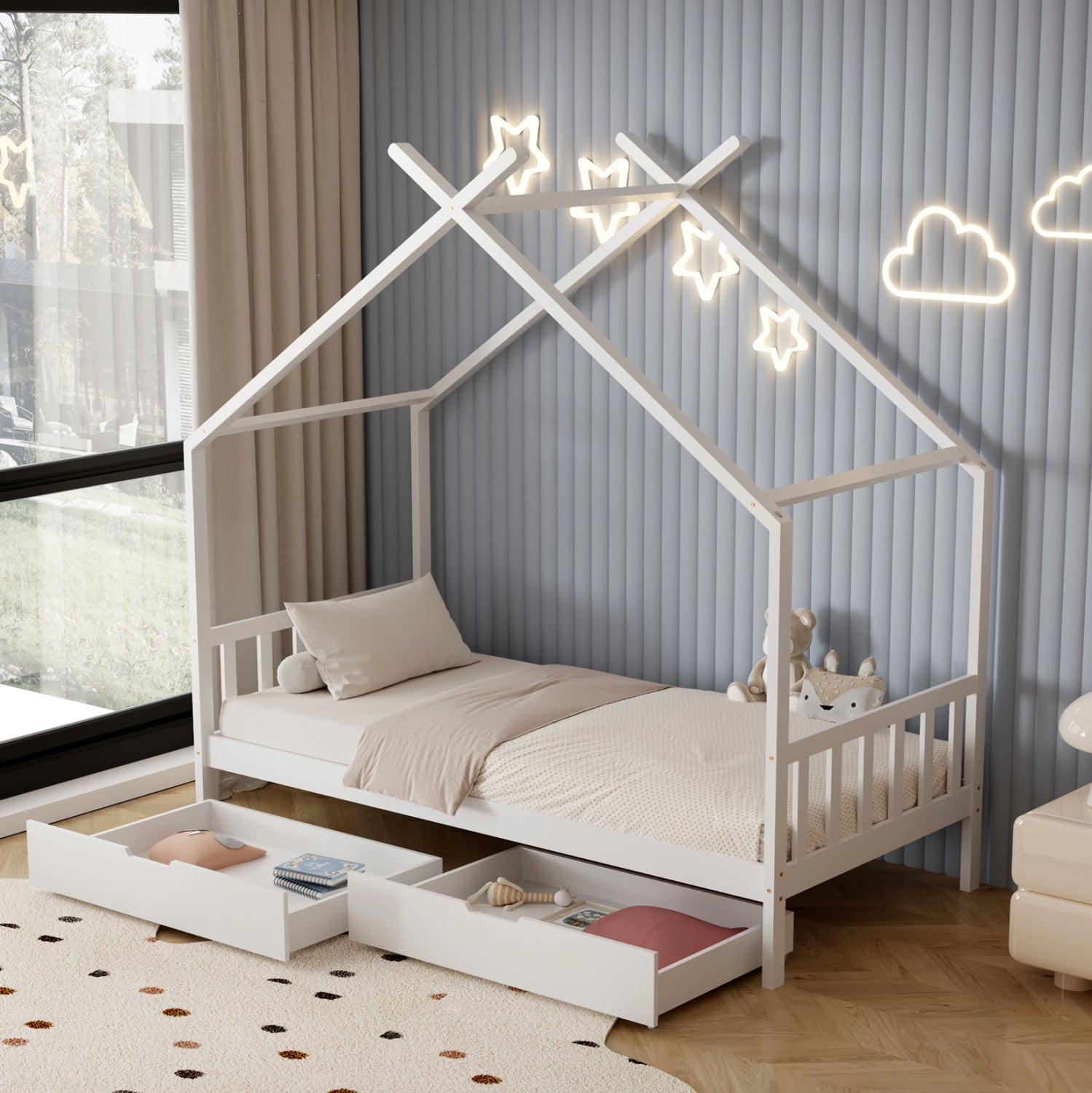 BED WITH MATTRESS KLARICE HM21305.01 PINE WOOD IN WHITE COLOR--MATTRESS 90x190cm