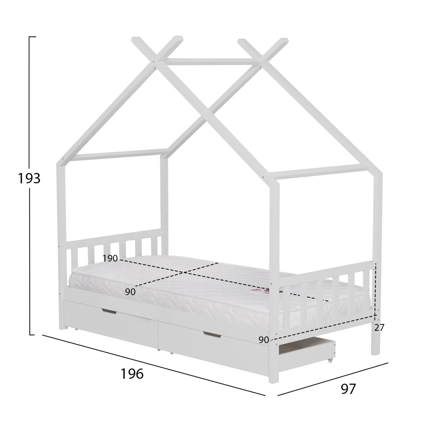 BED WITH MATTRESS KLARICE HM21305.01 PINE WOOD IN WHITE COLOR--MATTRESS 90x190cm