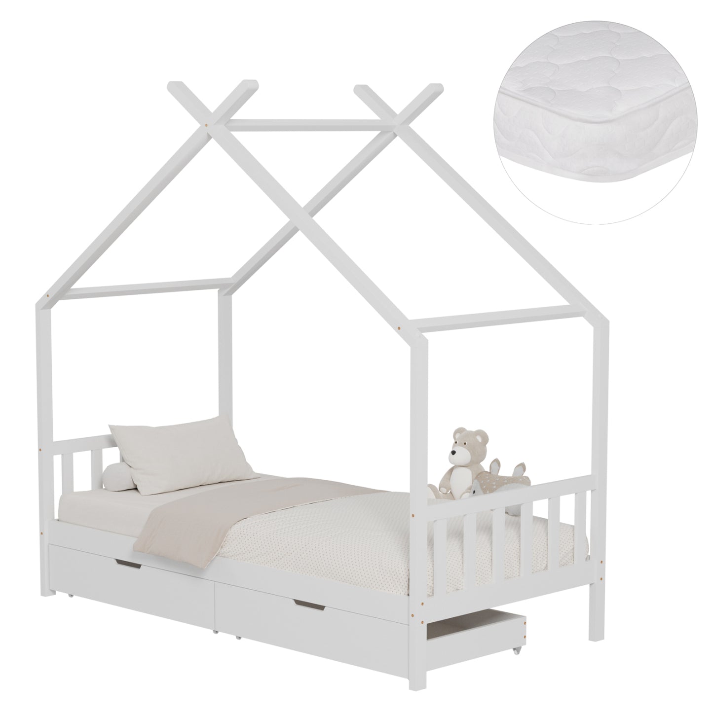 BED WITH MATTRESS KLARICE HM21305.01 PINE WOOD IN WHITE COLOR--MATTRESS 90x190cm