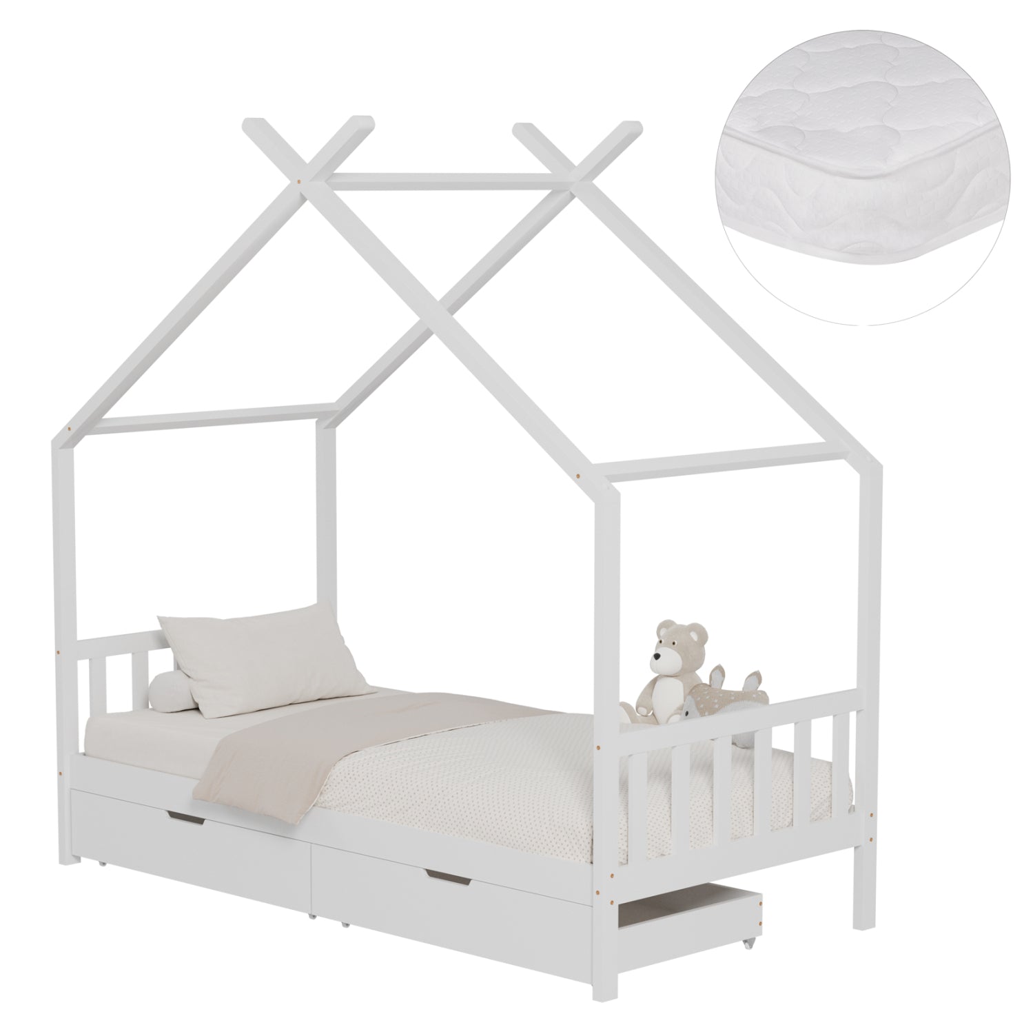 BED WITH MATTRESS KLARICE HM21305.01 PINE WOOD IN WHITE COLOR--MATTRESS 90x190cm