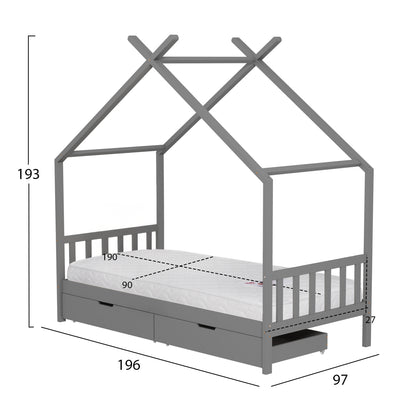 BED WITH MATTRESS KLARICE HM21305.02 PINE WOOD IN GREY COLOR--MATTRESS 90x190cm