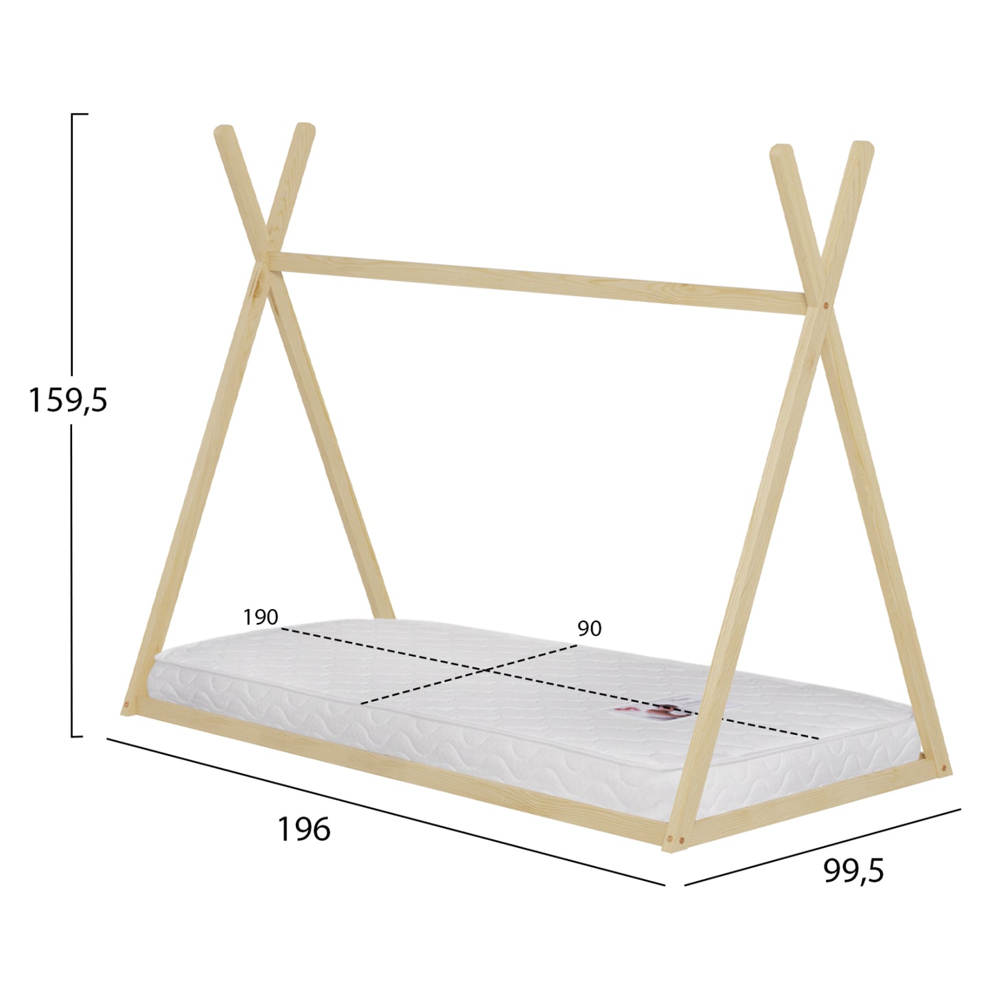 BED WITH MATTRESS MUNK HM21306 PINE WOOD IN NATURAL WOOD COLOR--MATTRESS 90x190cm