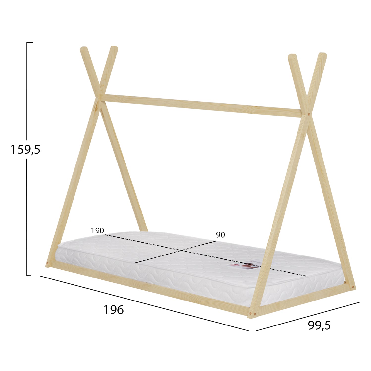 BED WITH MATTRESS MUNK HM21306 PINE WOOD IN NATURAL WOOD COLOR--MATTRESS 90x190cm