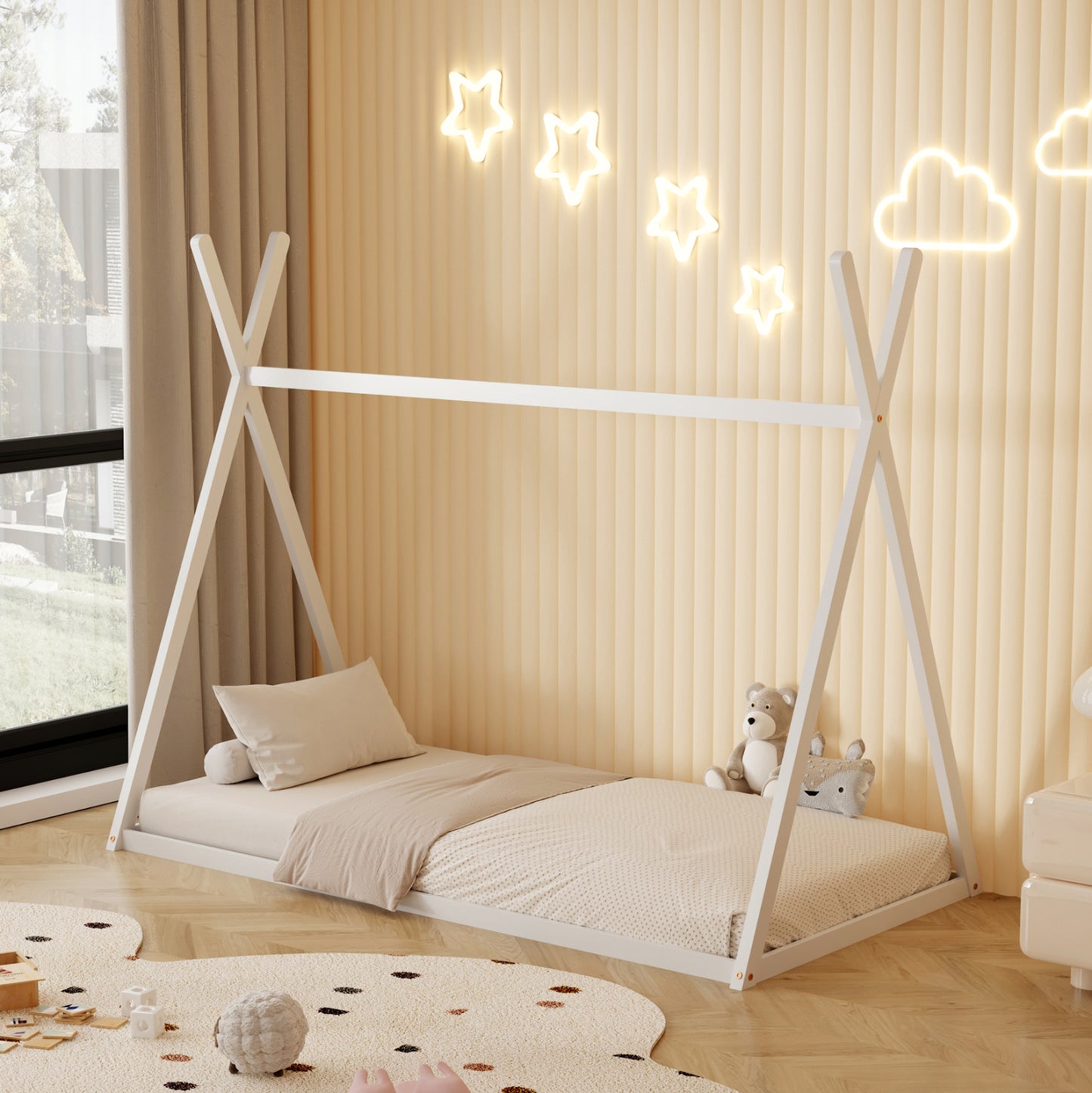 BED WITH MATTRESS MUNK HM21306.01 PINE WOOD IN WHITE COLOR--MATTRESS 90x190cm