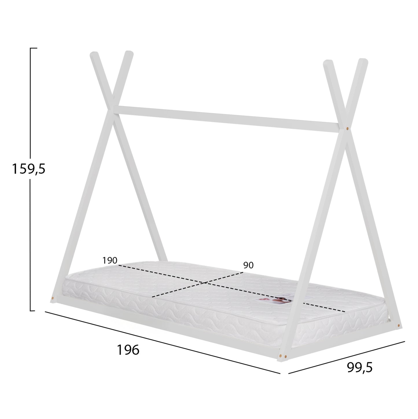 BED WITH MATTRESS MUNK HM21306.01 PINE WOOD IN WHITE COLOR--MATTRESS 90x190cm