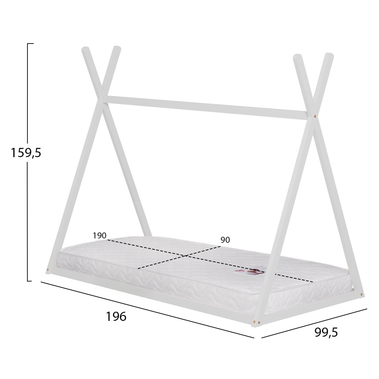 BED WITH MATTRESS MUNK HM21306.01 PINE WOOD IN WHITE COLOR--MATTRESS 90x190cm
