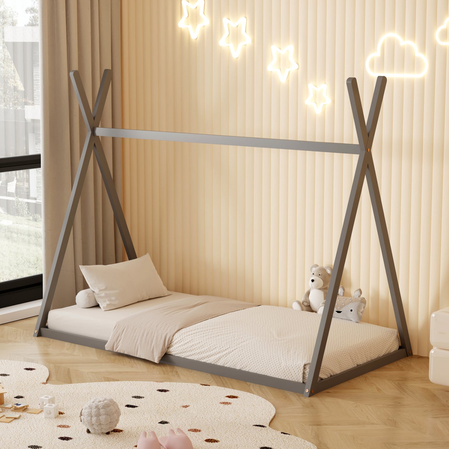 BED WITH MATTRESS MUNK HM21306.02 PINE WOOD IN GREY COLOR--MATTRESS 90x190cm