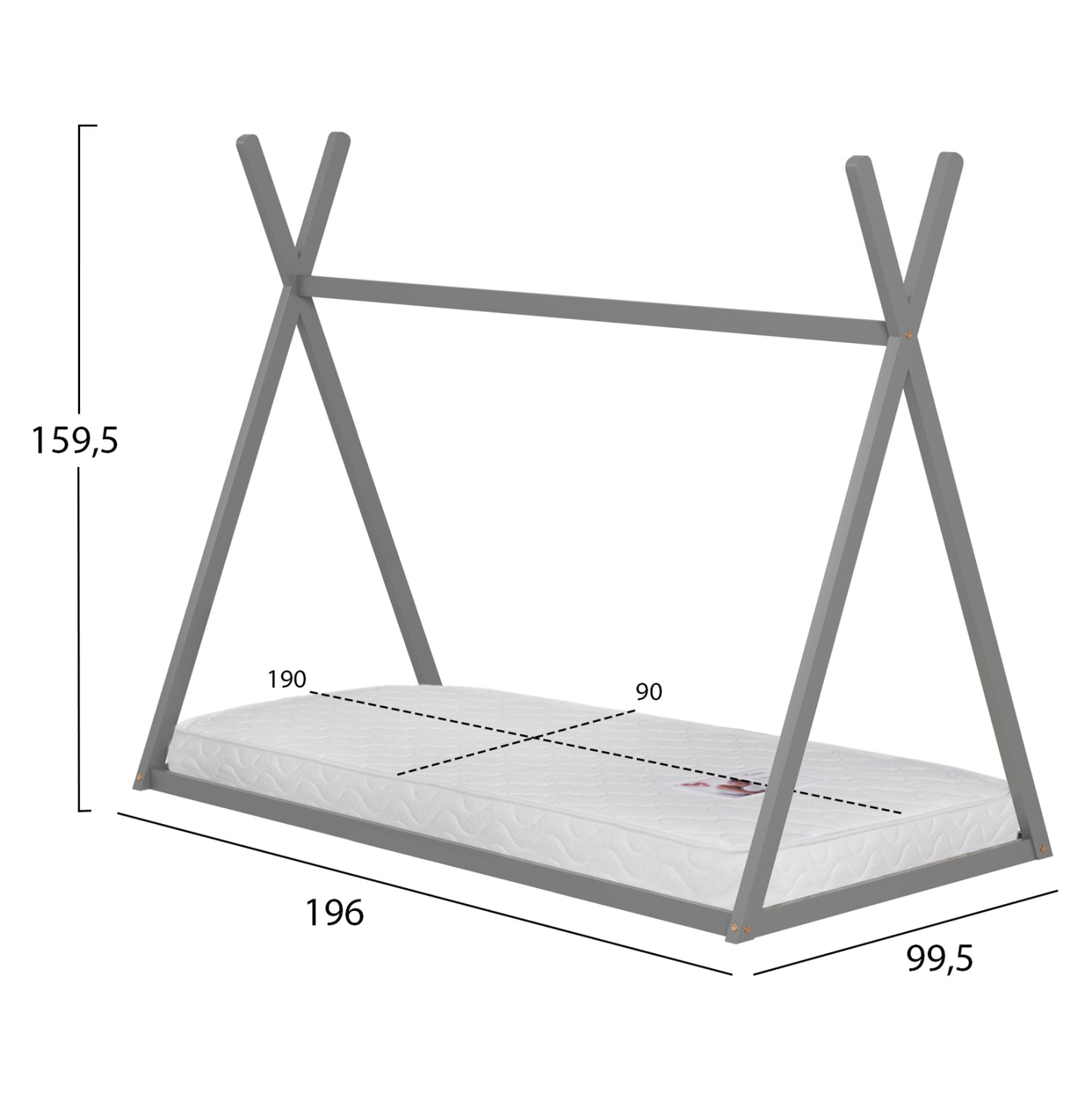 BED WITH MATTRESS MUNK HM21306.02 PINE WOOD IN GREY COLOR--MATTRESS 90x190cm