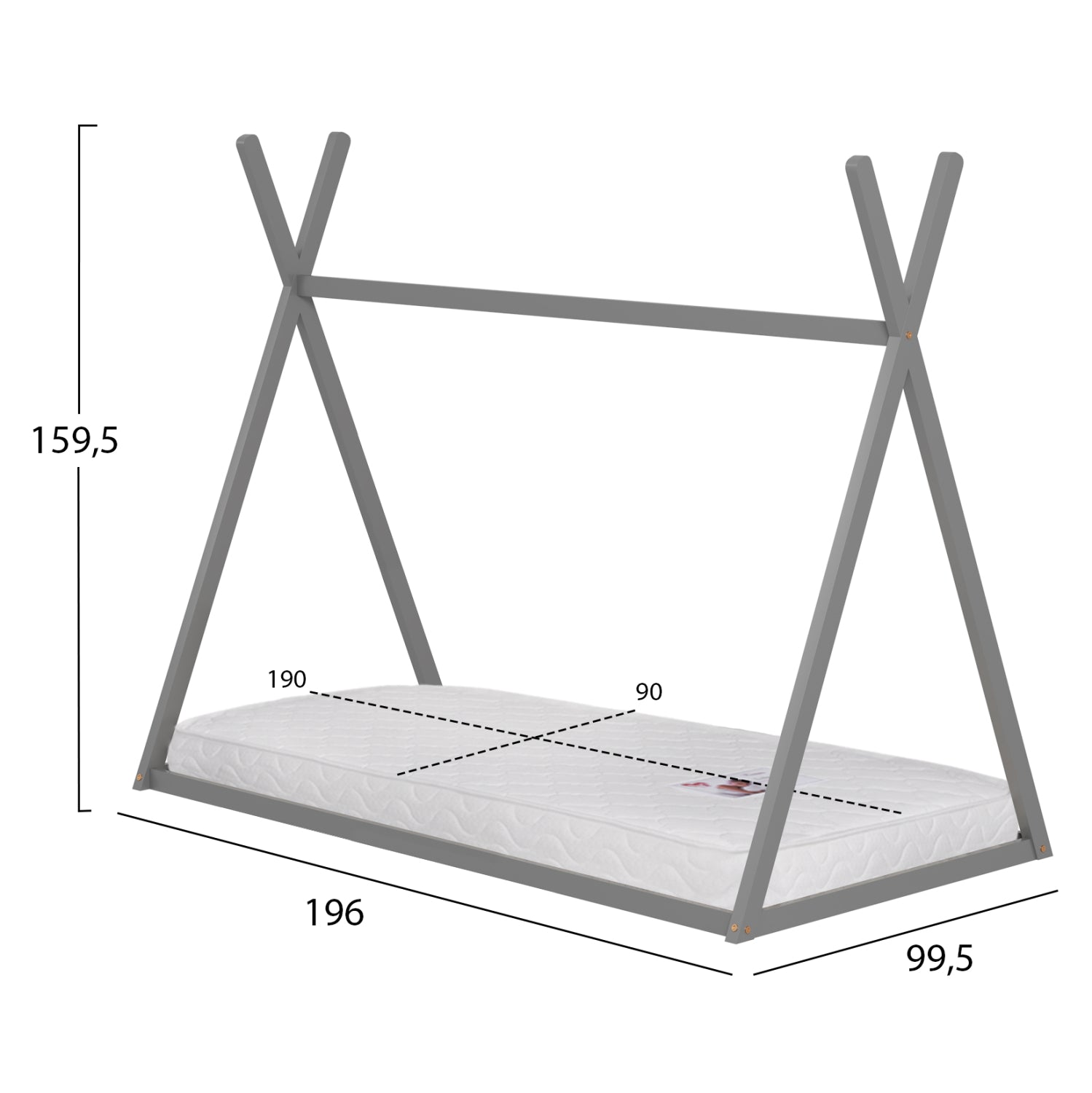 BED WITH MATTRESS MUNK HM21306.02 PINE WOOD IN GREY COLOR--MATTRESS 90x190cm
