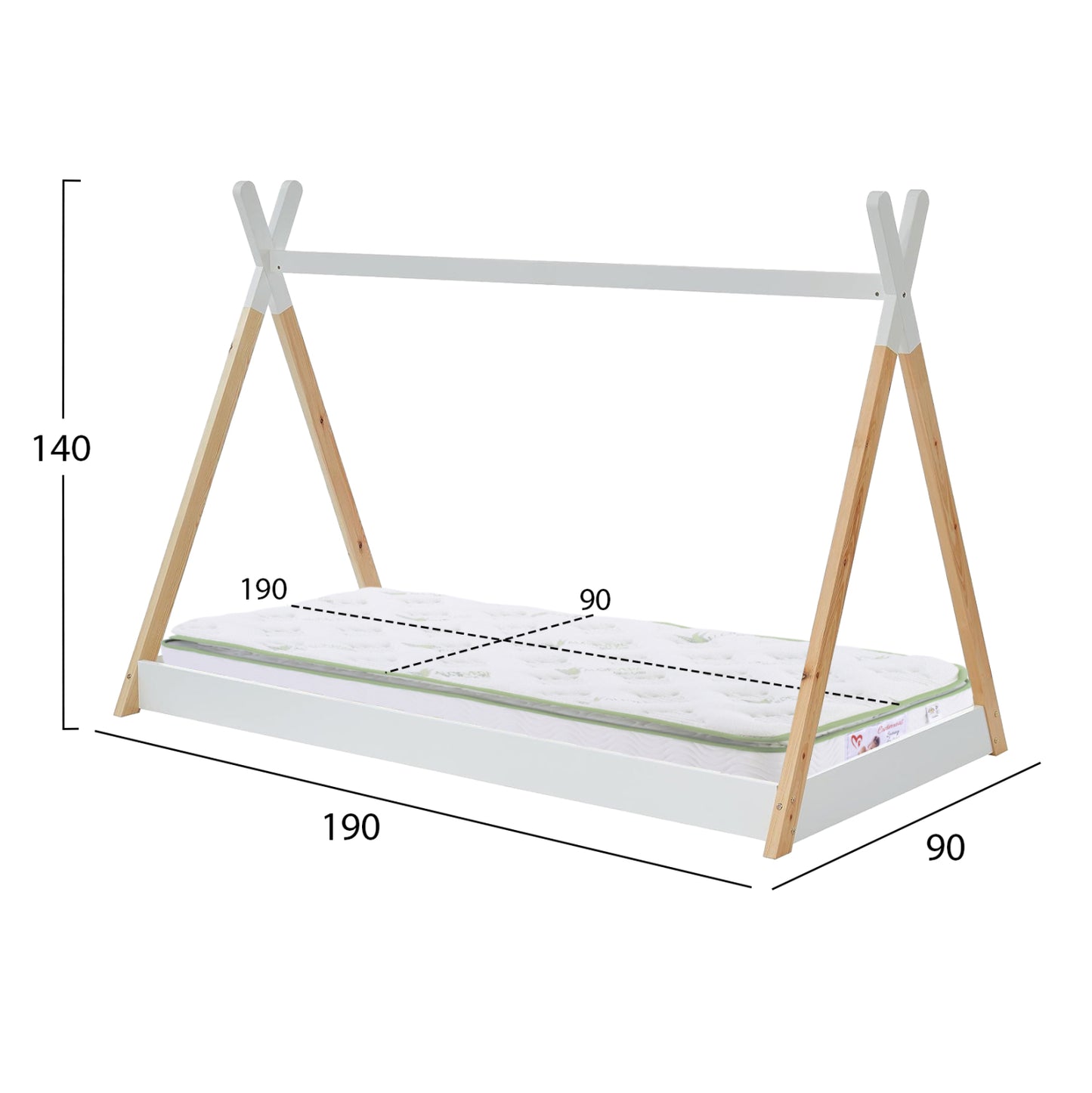 BED WITH MATTRESS MUNK HM21308 PINE WOOD IN NATURAL & WHITE--MATTRESS 90x190cm
