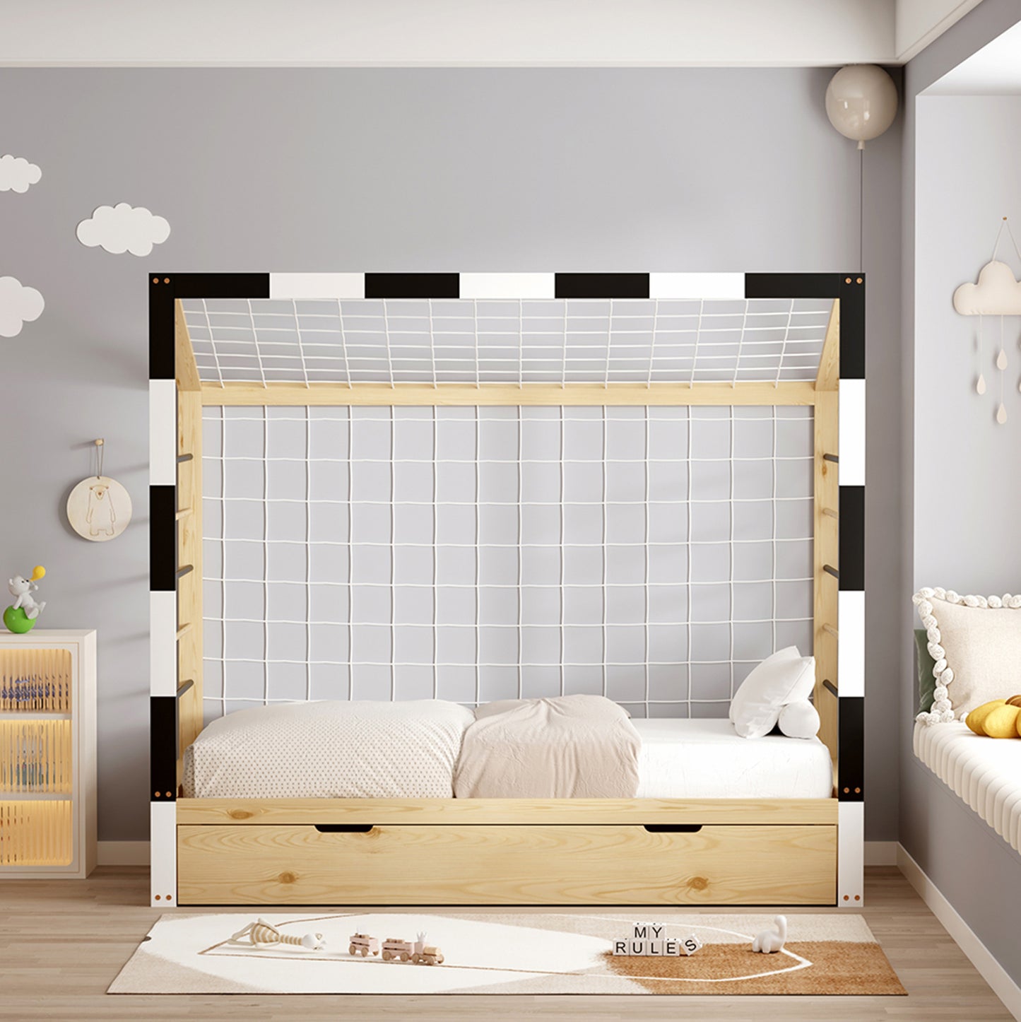 BED WITH MATTRESS GOALIE HM21309 PINE WOOD IN NATURAL-WHITE-BLACK--MATTRESS 90x190cm