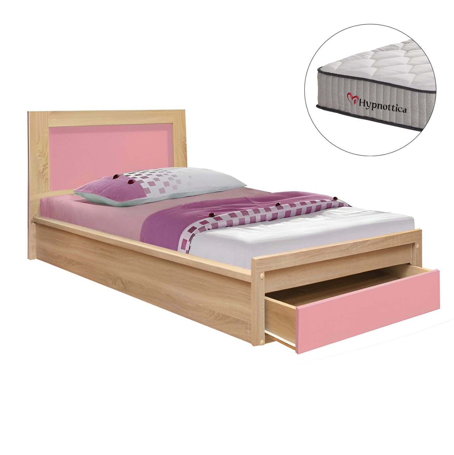 KIDS' BED WITH DRAWER PLAYROOM HM10752.02 MELAMINE IN SONAMA/PINK--WITH MATTRESS 90x190cm
