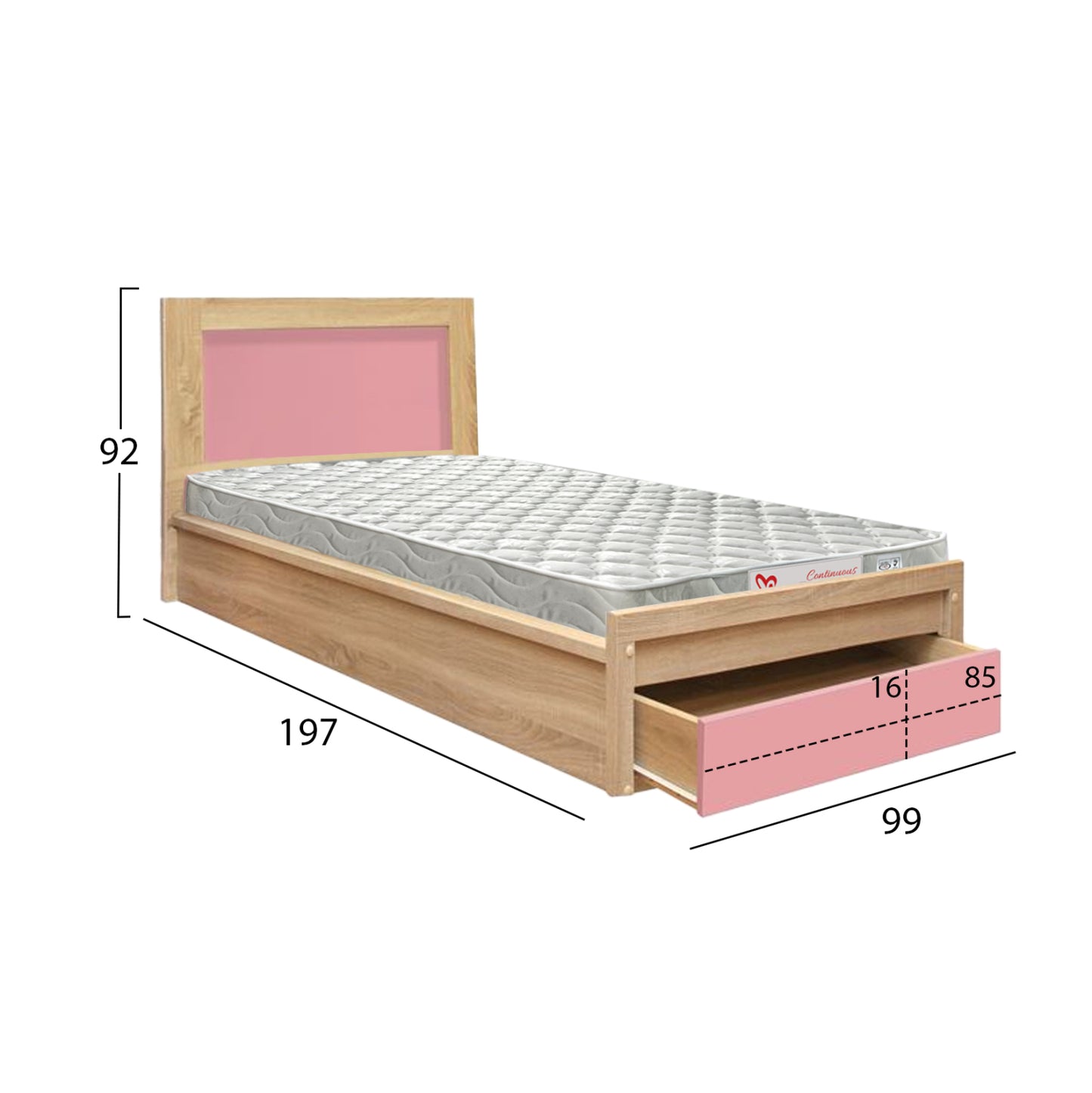 KIDS' BED WITH DRAWER PLAYROOM HM21326.01 MELAMINE IN SONAMA/PINK--WITH MATTRESS 90x190cm