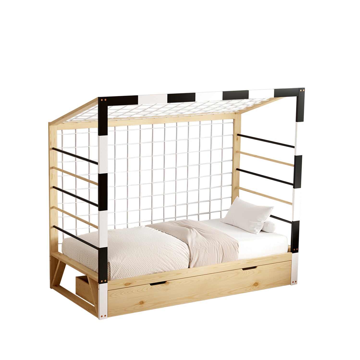 BED FOR KIDS t.MONTESSORI WITH STORAGE SPACE GOALIE HM700 PINE WOOD IN NATURAL-WHITE-BLACK FOR MATTRESS 190x90cm.