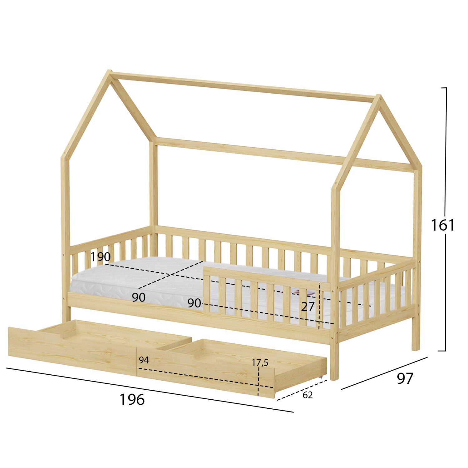 BED WITH DRAWERS PHYLLIS HM21324 PINE WOOD IN NATURAL WOOD COLOR--WITH MATTRESS 90x190cm