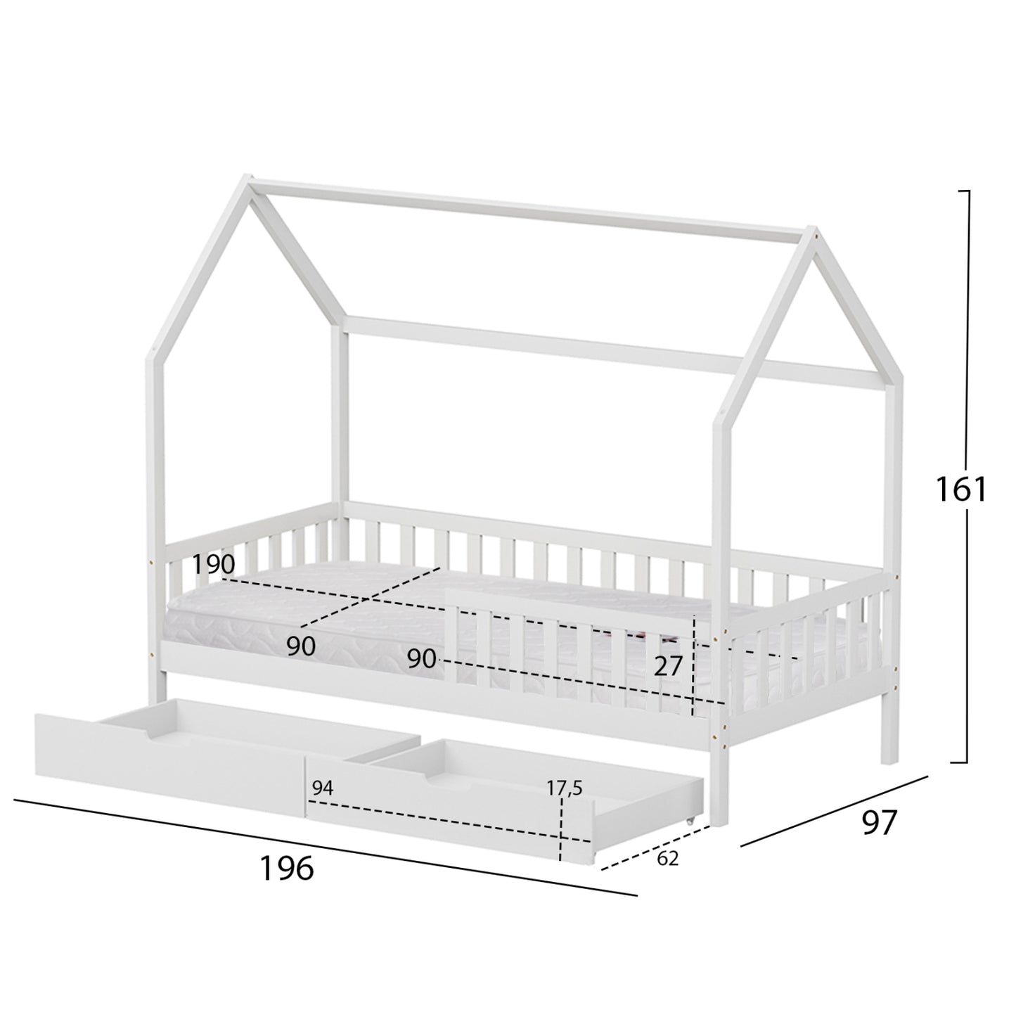 BED WITH DRAWERS PHYLLIS HM21324.01 PINE WOOD IN WHITE--WITH MATTRESS 90x190cm