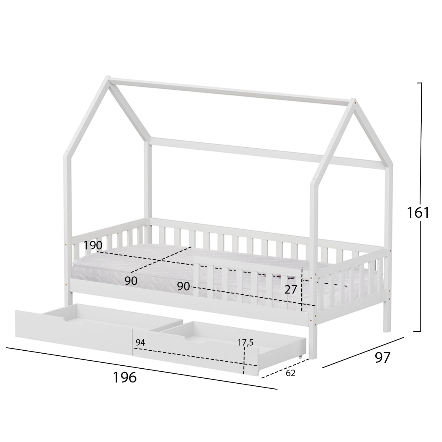 BED WITH DRAWERS PHYLLIS HM21324.01 PINE WOOD IN WHITE--WITH MATTRESS 90x190cm