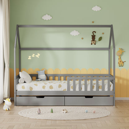 BED WITH DRAWERS PHYLLIS HM21324.02 PINE WOOD IN GREY--WITH MATTRESS 90x190cm