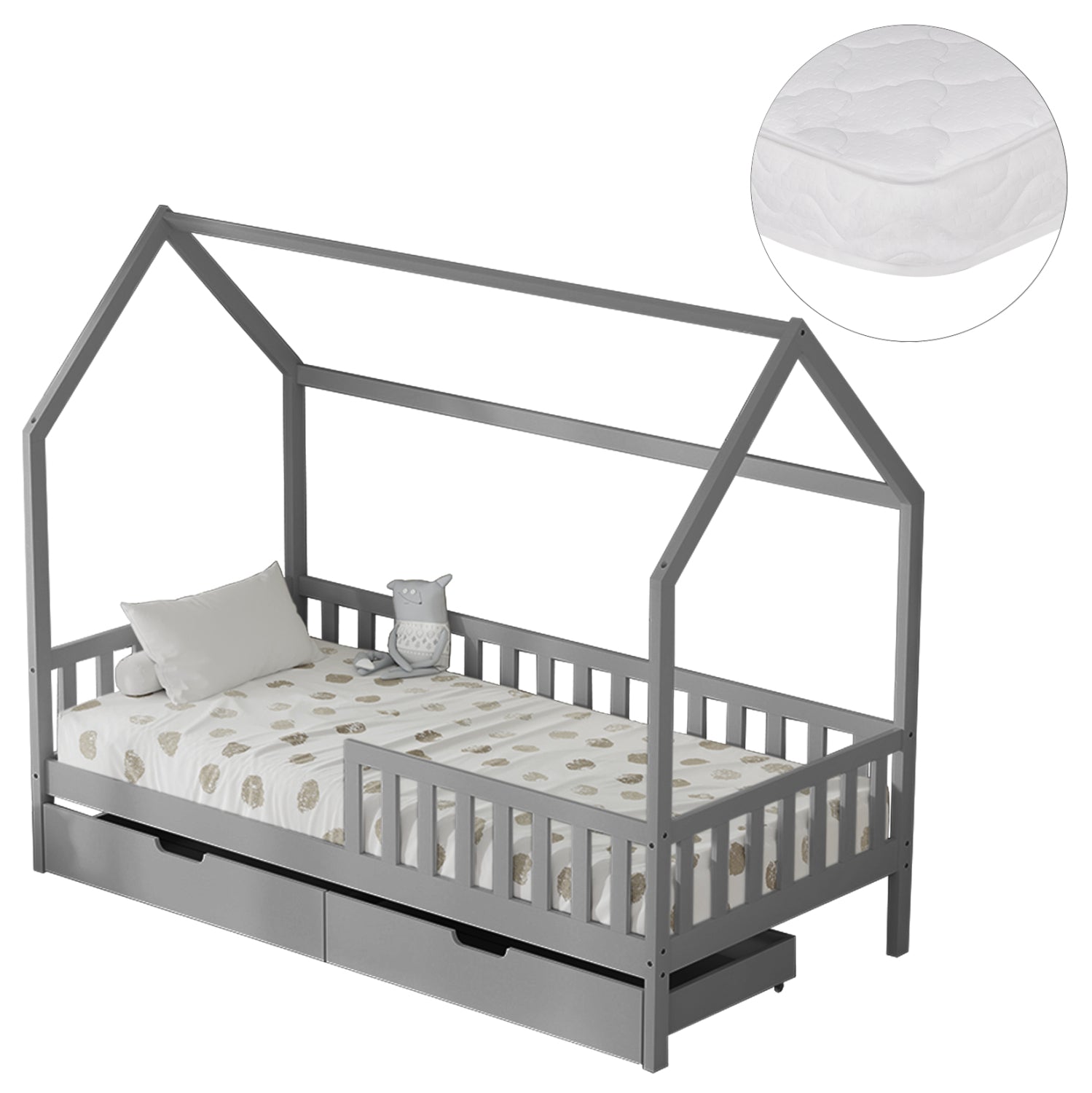 BED WITH DRAWERS PHYLLIS HM21324.02 PINE WOOD IN GREY--WITH MATTRESS 90x190cm