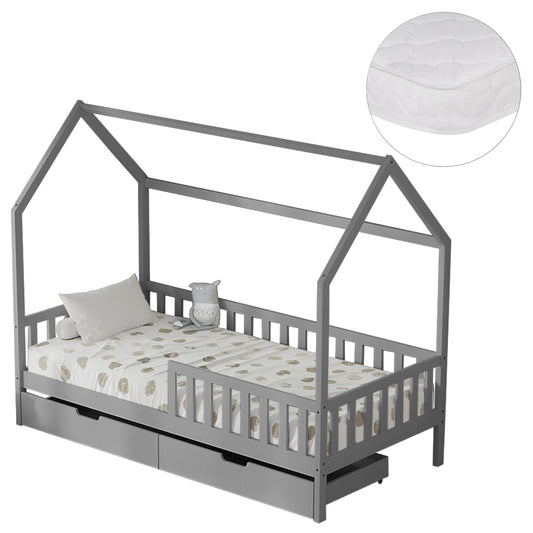 BED WITH DRAWERS PHYLLIS HM21324.02 PINE WOOD IN GREY--WITH MATTRESS 90x190cm