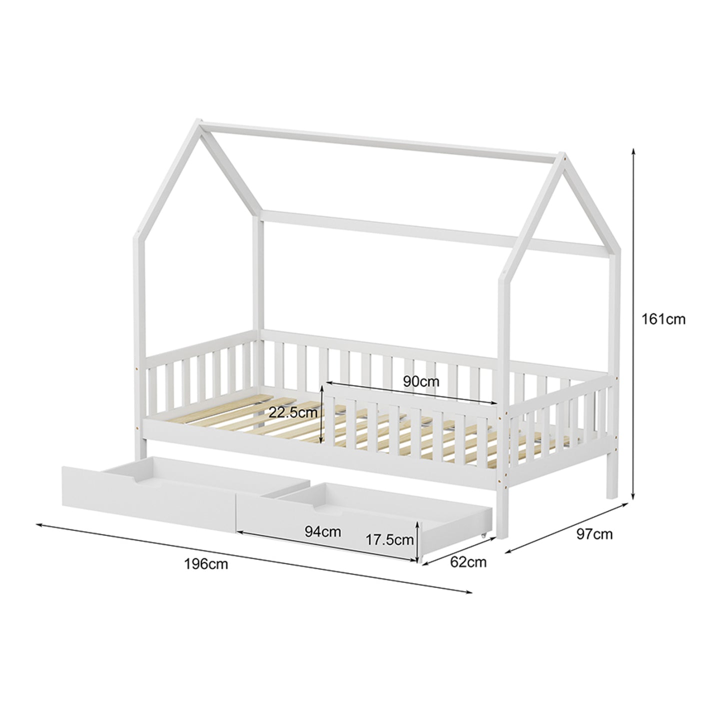 KIDS' BED WITH DRAWERS PHYLLIS HM724.03 PINE WOOD IN WHITE 196x97x161Hcm.